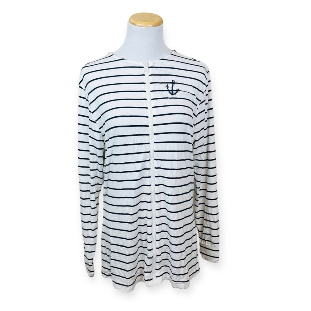 BC Beach Combers Striped Zip Front Jacket Medium Nautical Long Sleeve Anchor